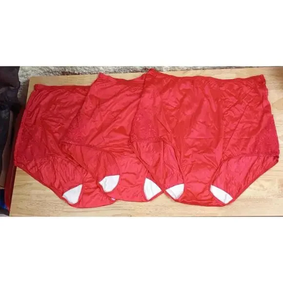 Shadowline Women's Plus Size Nylon Full Brief Panty with Lace 3-Pack, Red SIZE 8 - Picture 1 of 4